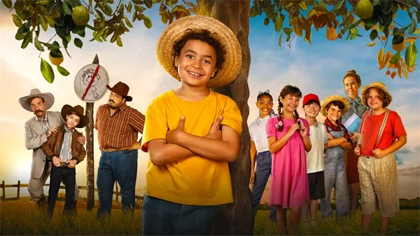 Kids pose in a village for "Chuck Billy e a Goiabeira Maravilhosa".