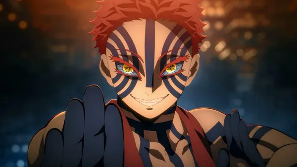 Akaza with striking markings and a menacing look in Demon Slayer: Infinity Castle.
