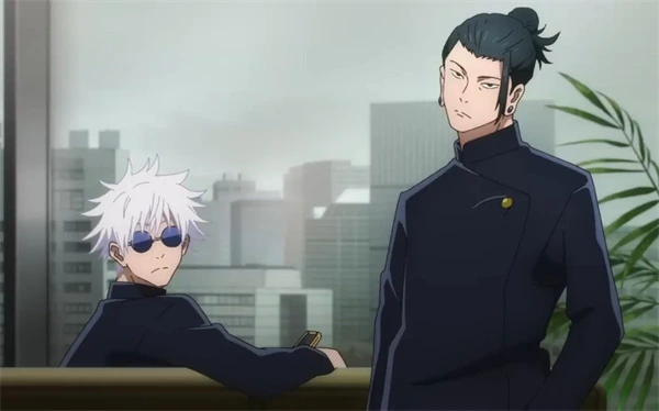 Satoru Gojo and Suguru Geto indoors with city view outside in Jujutsu Kaisen–The Movie.