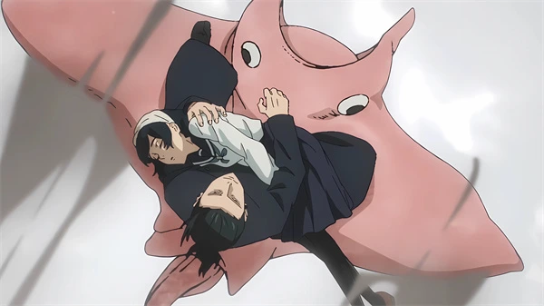 Two characters hug on a pink creature in Jujutsu Kaisen–The Movie.