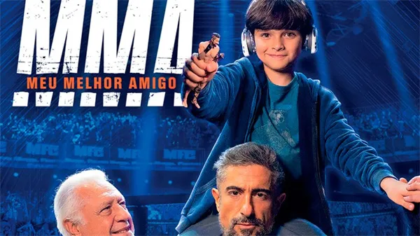 Boy on shoulders in arena for "MMA – Meu Melhor Amigo".