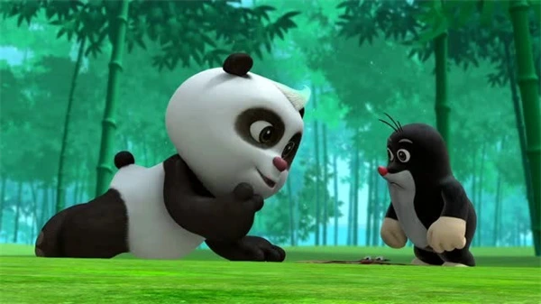 Panda interacts with Little Mole curiously in the bamboo forest.