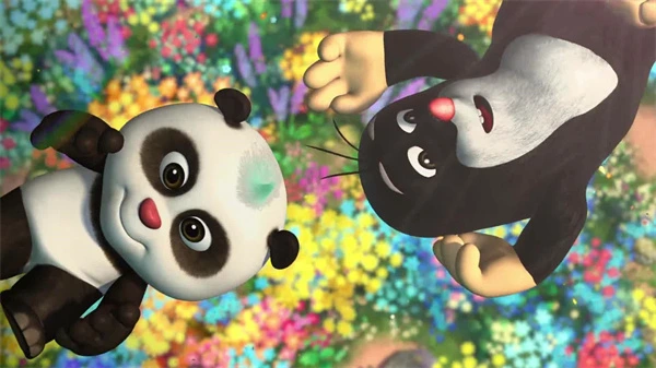 Panda and Little Mole overlook a colorful flower field together.