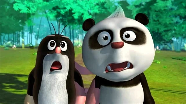 Panda and Little Mole show surprised expressions in the forest.