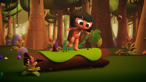 Tainá navigates Amazon forest log in "Tainá e os Guardiões da Amazônia - Em Busca da Flecha Azul".