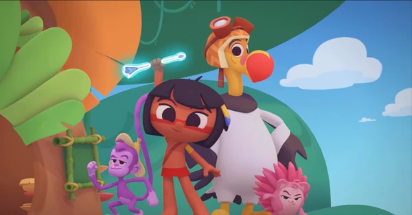 Tainá holds glowing arrow with friends in "Tainá e os Guardiões da Amazônia - Em Busca da Flecha Azul".